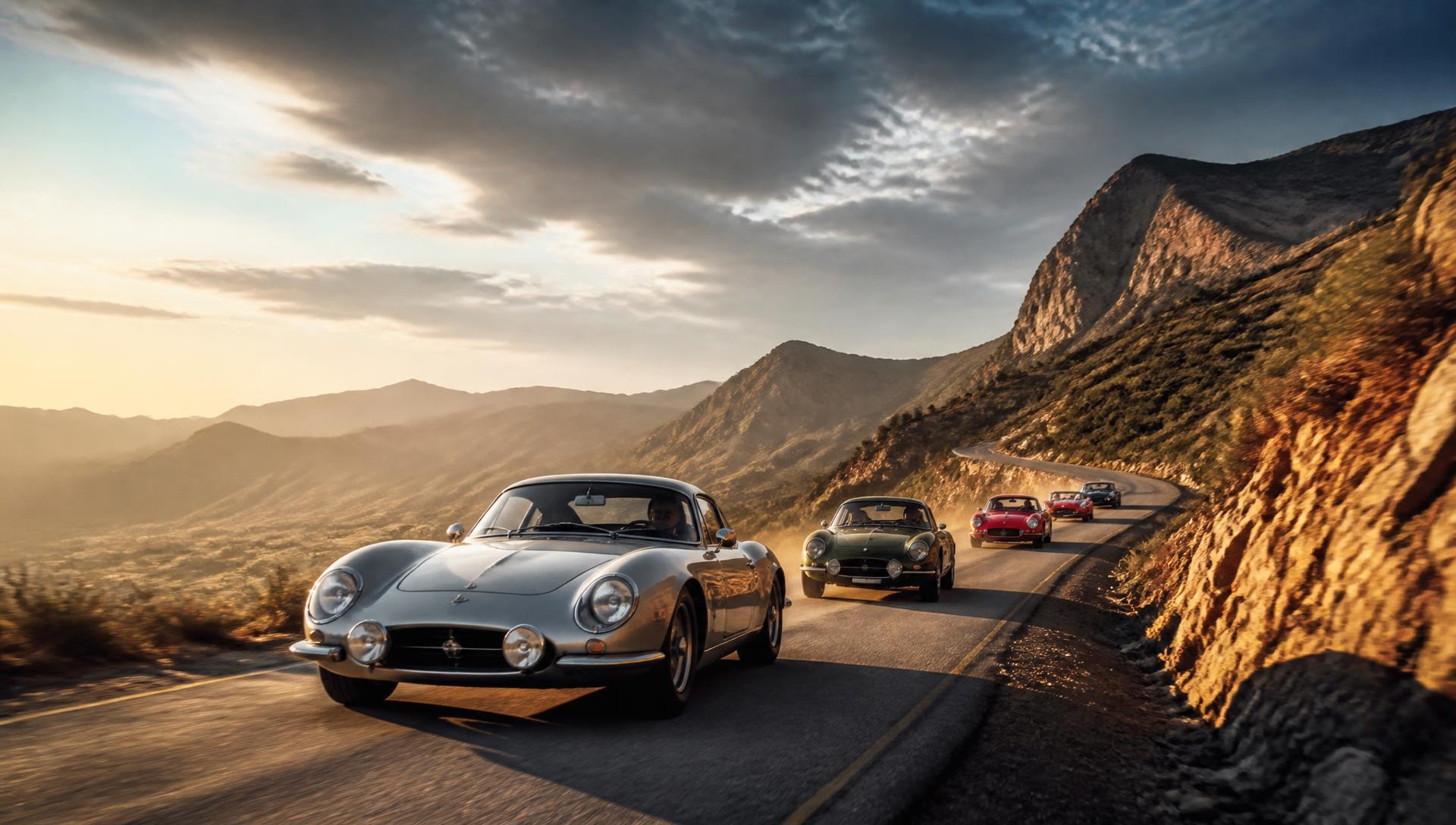 Convoy of classic sports cars on a South African mountain pass at golden hour